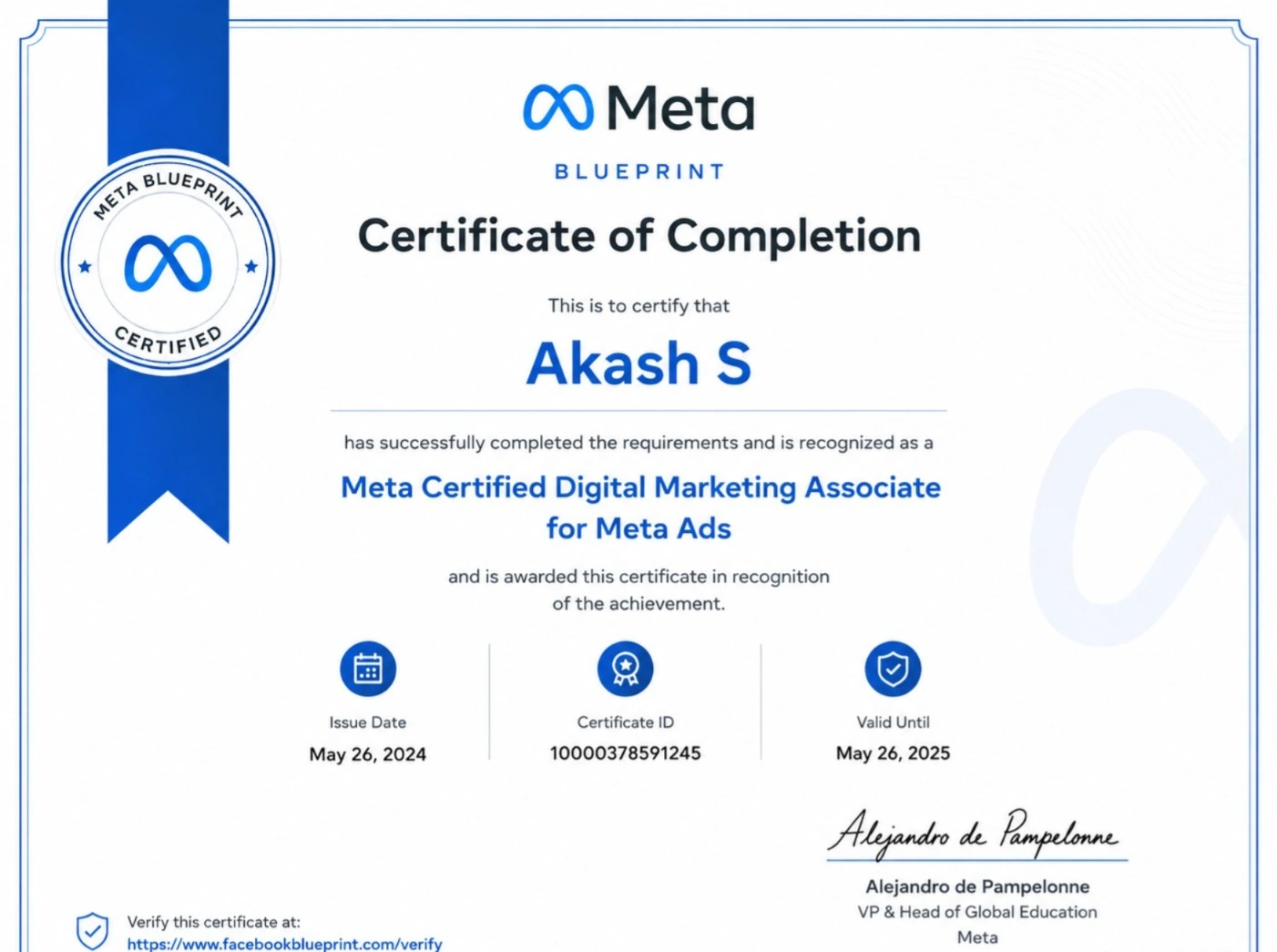 a photo of meta blue print certificate